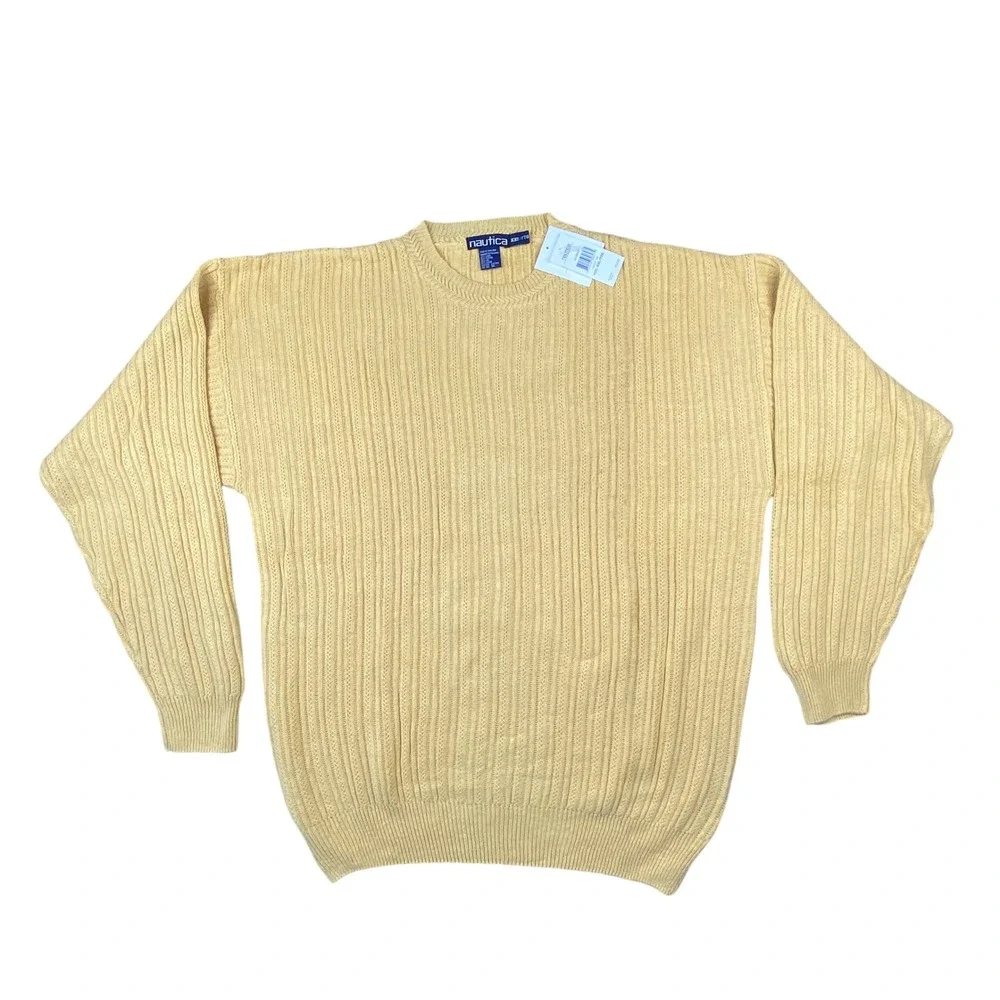 Nautica Mens XXL Yellow Linen Cotton Ribbed Cable Knit Crewneck Sweater NWT